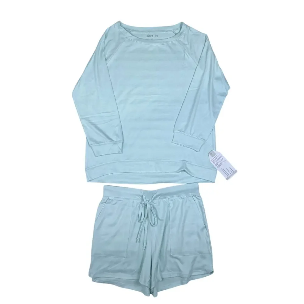 Softies Women's 3/4 Sleeve Boat Neck Top and Short Set Aqua Mint /Small